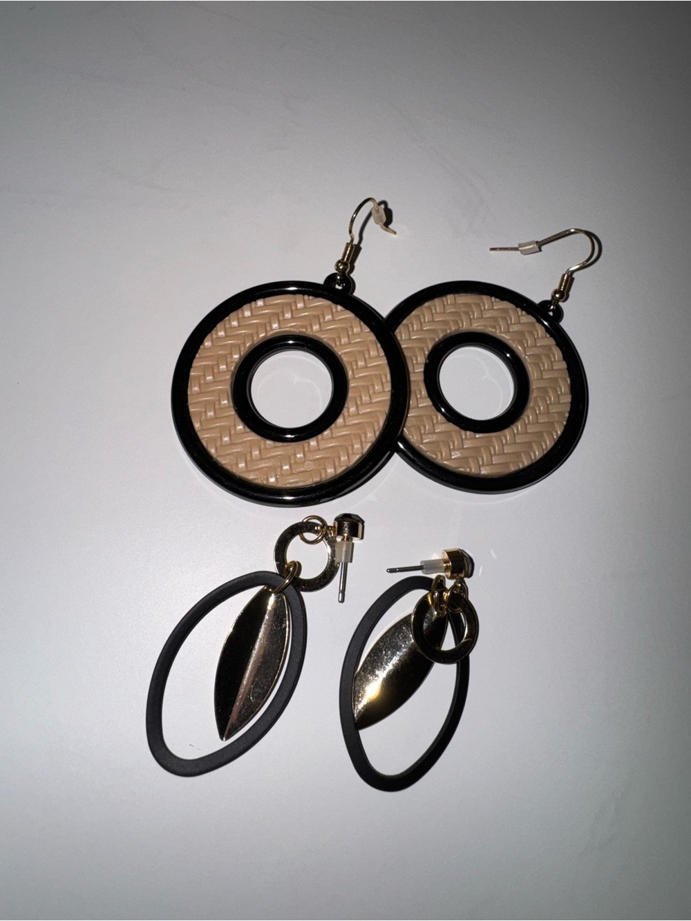 Beige and Black Woven Circle Drop Earrings - Women Jewelry - Picture 1 of 3